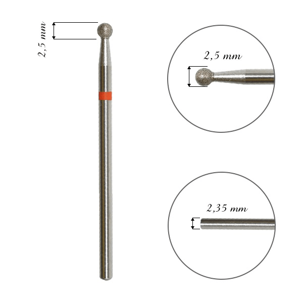 Fresa de diamante para cuticula, "bola", rojo, diámetro de la cabeza 2.5 MM(FA01R025)