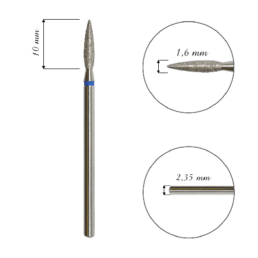 Fresa de diamante para cuticula, "Flame", azul, diámetro de la cabeza 1,6 mm / pieza de trabajo 8 mm(FA10B016/8)