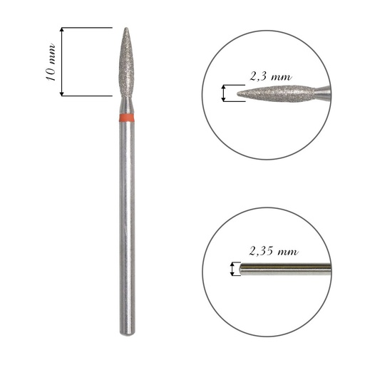 Fresa de diamante para cuticula, "Flame", roja, diámetro de la cabeza 2,3 mm / pieza de trabajo 10 mm(FA10R023/10)