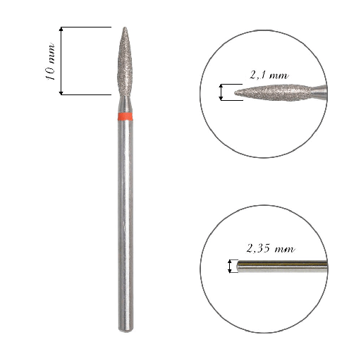 Fresa de diamante para cuticula, "Flame", roja, diámetro de la cabeza 2,1 mm / pieza de trabajo 8 mm(FA10R021/8)