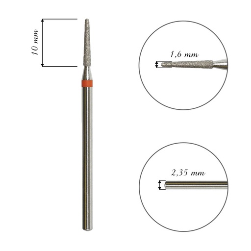 Fresa de diamante para cuticula, "FRUSTUM", roja, cabeza diametro 1.6 MM / pieza de trabajo 10 MM(FA70R016/10)