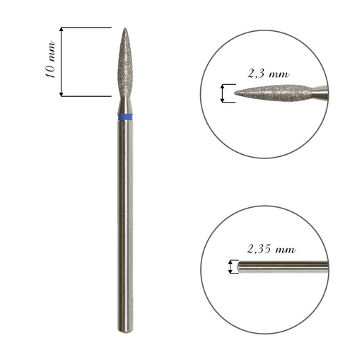 Fresa de diamante para cuticula, «Flame», azul, diámetro de la cabeza 2,3 mm / pieza de trabajo 10 mm(FA10B023/10)