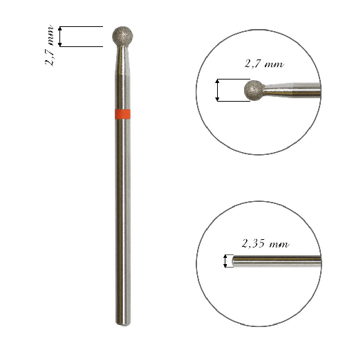 Fresa de diamante para cuticula, "BOLA", roja, cabeza diametro 2,7 MM(FA01R027)